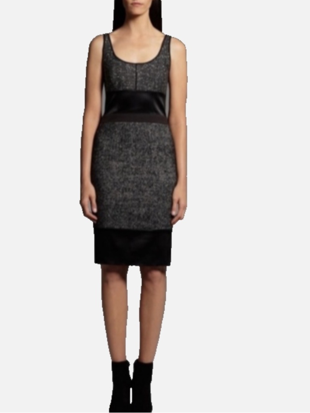 Black, white & Silver Tweed & Satin Sheath Dress Wool Blend